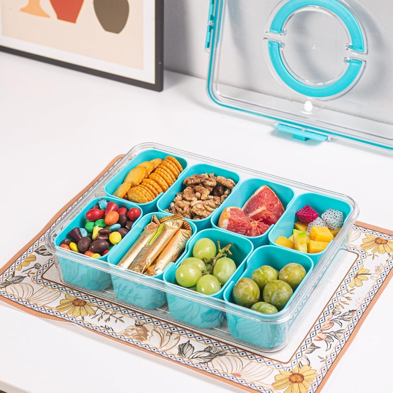 Dingerjar Divided Serving Tray with Lid and Handle - Snackle Box Charcuterie Container for Portable Snack Platters Organizer for Candy, Fruits, Nuts, Snacks - Perfect for Party, Entertaining, Lake blue - Image 2